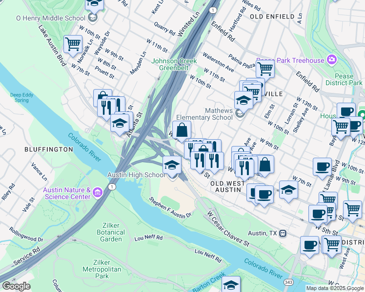 map of restaurants, bars, coffee shops, grocery stores, and more near 1717 West 6th Street in Austin