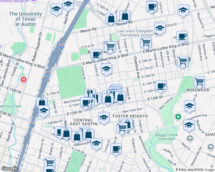 map of restaurants, bars, coffee shops, grocery stores, and more near 1407 Leona Street in Austin