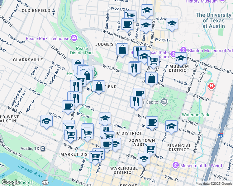 map of restaurants, bars, coffee shops, grocery stores, and more near 705 West 12th Street in Austin