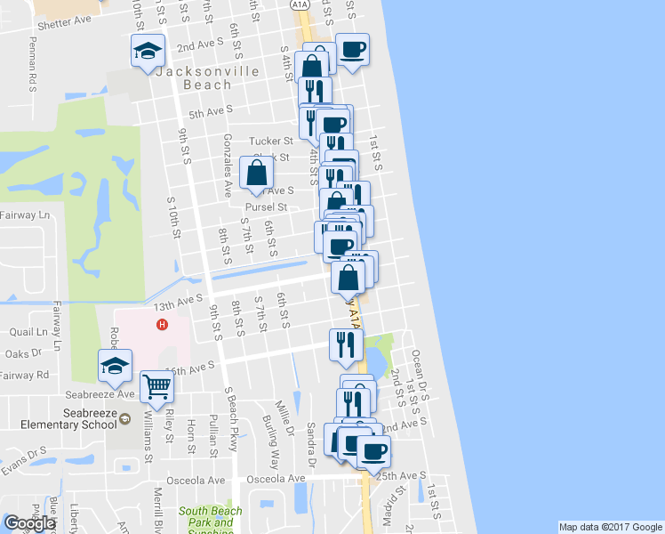 map of restaurants, bars, coffee shops, grocery stores, and more near 1286 3rd Street South in Jacksonville Beach