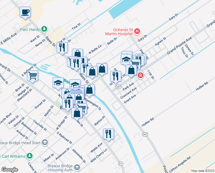 map of restaurants, bars, coffee shops, grocery stores, and more near 200 South Poydras Street in Breaux Bridge