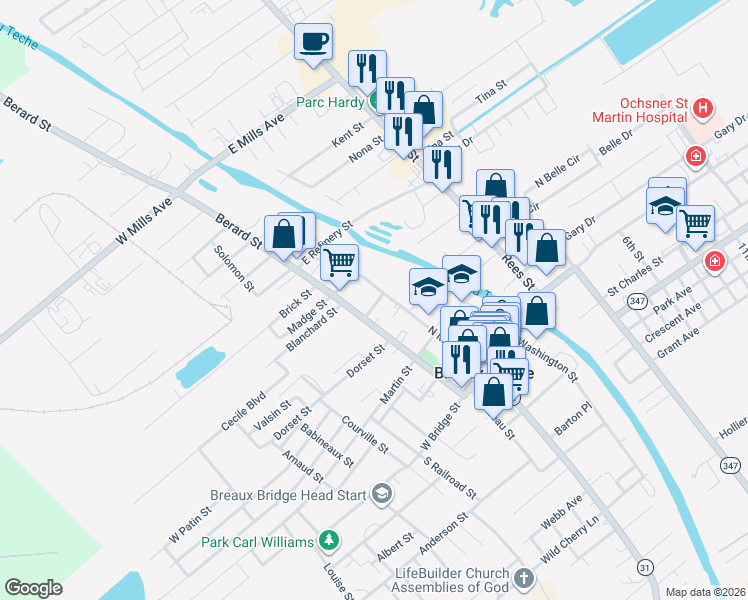 map of restaurants, bars, coffee shops, grocery stores, and more near 421 North Main Street in Breaux Bridge