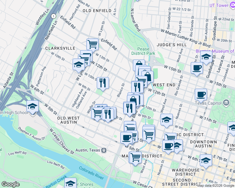 map of restaurants, bars, coffee shops, grocery stores, and more near 912 Blanco Street in Austin