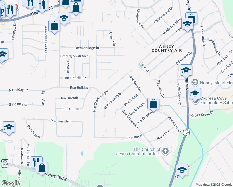 map of restaurants, bars, coffee shops, grocery stores, and more near 123 Rue De La Paix in Slidell