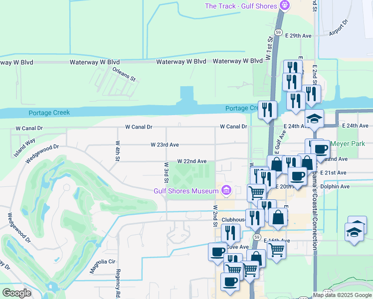map of restaurants, bars, coffee shops, grocery stores, and more near 360 West 22nd Avenue in Gulf Shores