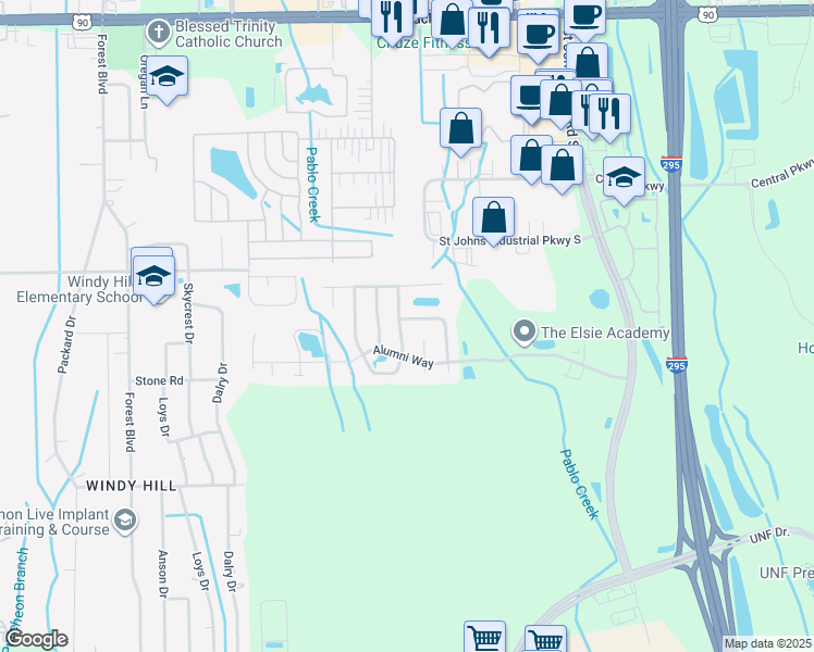 map of restaurants, bars, coffee shops, grocery stores, and more near 3846 Union Pacific Drive East in Jacksonville