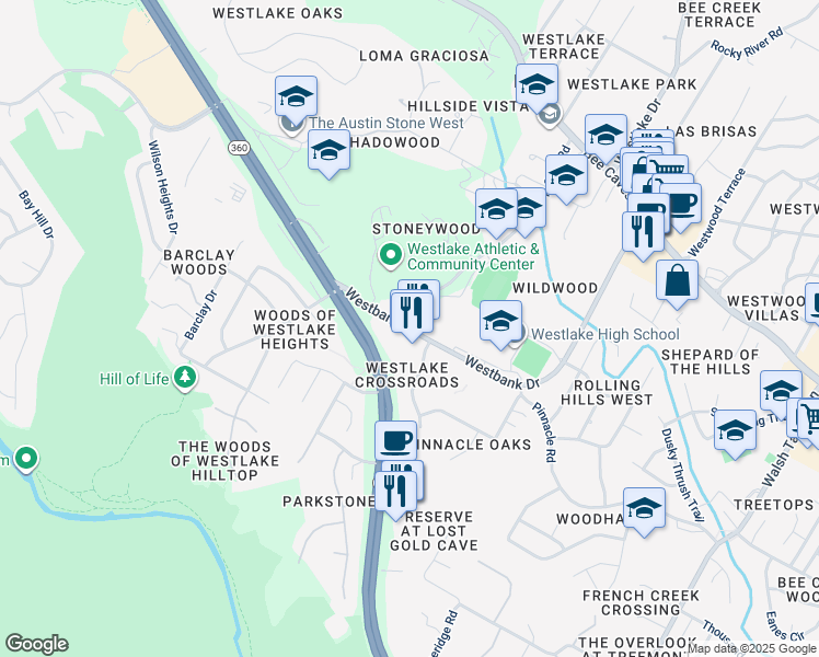 map of restaurants, bars, coffee shops, grocery stores, and more near 4301 Westbank Drive in Austin