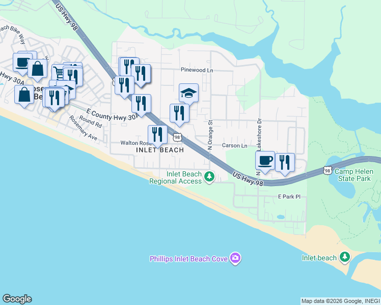 map of restaurants, bars, coffee shops, grocery stores, and more near 13226 East Emerald Coast Parkway in Rosemary Beach