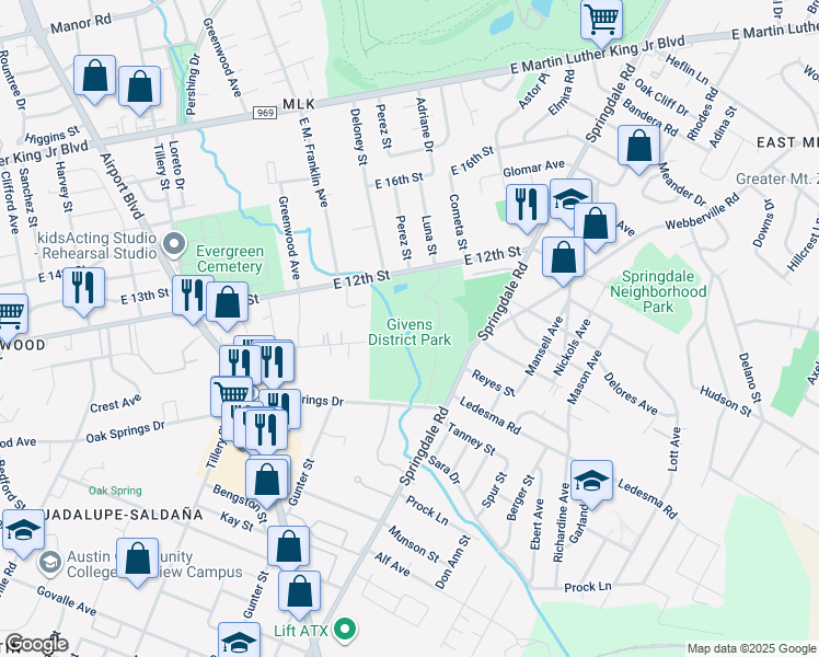 map of restaurants, bars, coffee shops, grocery stores, and more near 3811 East 12th Street in Austin