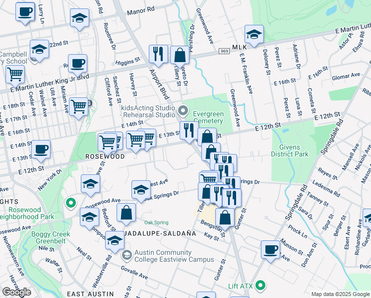 map of restaurants, bars, coffee shops, grocery stores, and more near 3131 East 12th Street in Austin