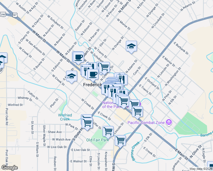map of restaurants, bars, coffee shops, grocery stores, and more near 100 West Main Street in Fredericksburg