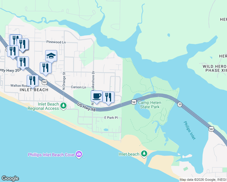 map of restaurants, bars, coffee shops, grocery stores, and more near 10 Grande Pointe Circle in Panama City Beach