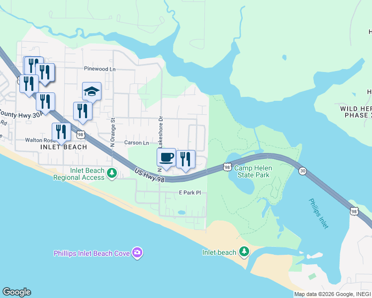 map of restaurants, bars, coffee shops, grocery stores, and more near 378 Grande Pointe Circle in Rosemary Beach