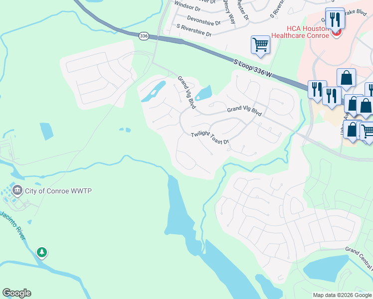 map of restaurants, bars, coffee shops, grocery stores, and more near 335 Torrey Bloom Loop in Conroe