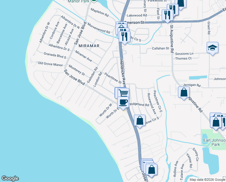 map of restaurants, bars, coffee shops, grocery stores, and more near 1460 Birmingham Road in Jacksonville