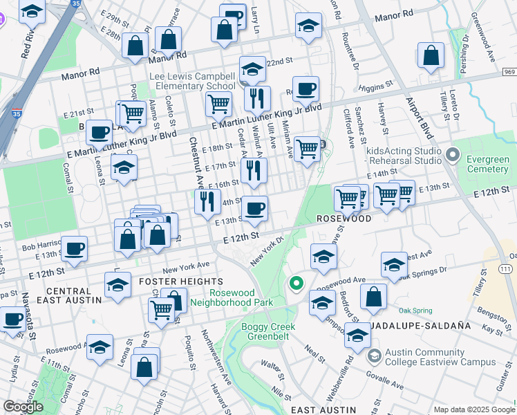 map of restaurants, bars, coffee shops, grocery stores, and more near 1301 Cedar Avenue in Austin