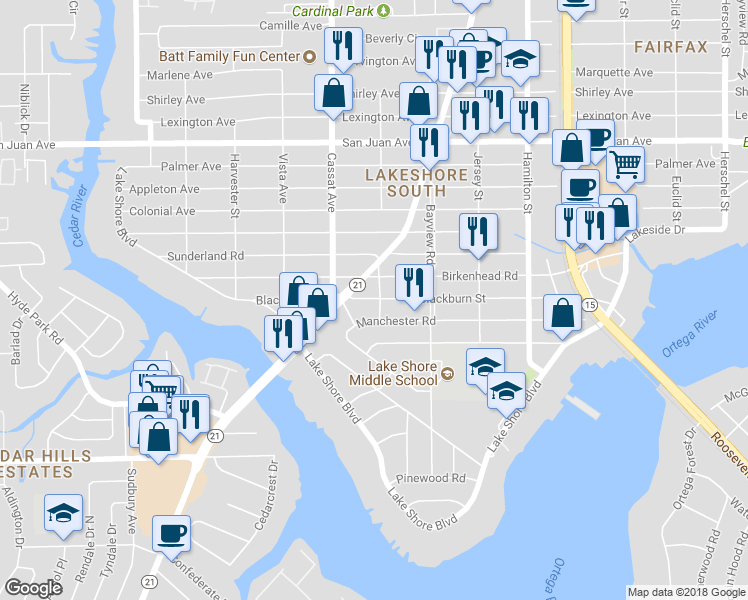 map of restaurants, bars, coffee shops, grocery stores, and more near 2328 Somerset Road in Jacksonville