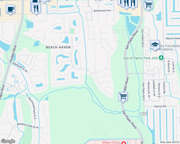 map of restaurants, bars, coffee shops, grocery stores, and more near Cross Water Boulevard in Jacksonville