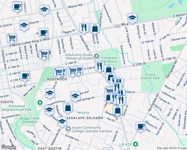map of restaurants, bars, coffee shops, grocery stores, and more near 3131 East 12th Street in Austin