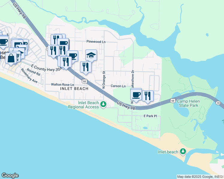 map of restaurants, bars, coffee shops, grocery stores, and more near 68 Carson Lane in Panama City Beach