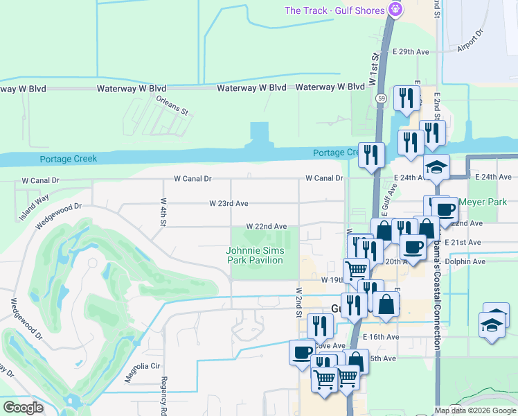 map of restaurants, bars, coffee shops, grocery stores, and more near 360 West 22nd Avenue in Gulf Shores