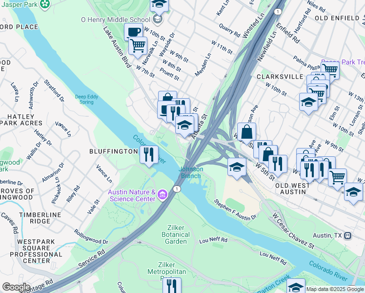 map of restaurants, bars, coffee shops, grocery stores, and more near Atlanta Street in Austin