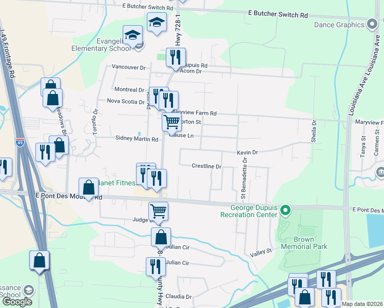 map of restaurants, bars, coffee shops, grocery stores, and more near 207 Crestline Dr in Lafayette