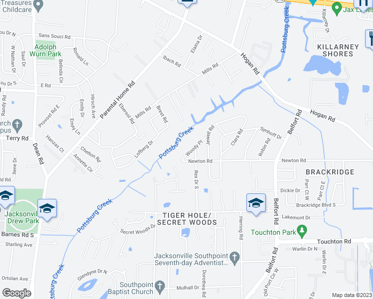 map of restaurants, bars, coffee shops, grocery stores, and more near 2776 Woody Place in Jacksonville