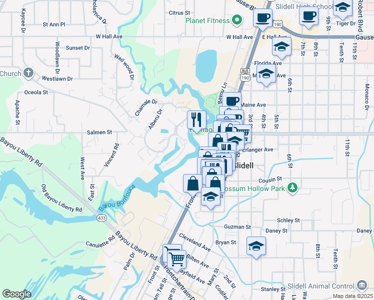 map of restaurants, bars, coffee shops, grocery stores, and more near 44 42 Chamale Cove in Slidell