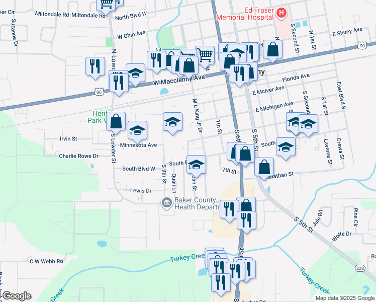 map of restaurants, bars, coffee shops, grocery stores, and more near 420 South 8th Street in Macclenny