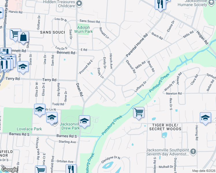 map of restaurants, bars, coffee shops, grocery stores, and more near 2729 Annette Circle in Jacksonville