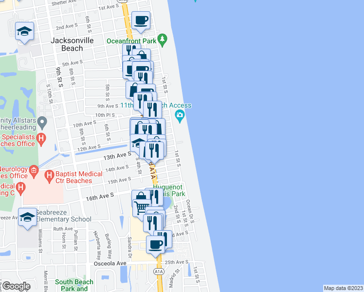 map of restaurants, bars, coffee shops, grocery stores, and more near 1312 Ocean Front South in Jacksonville Beach