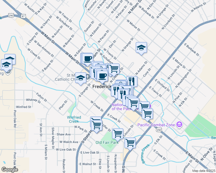 map of restaurants, bars, coffee shops, grocery stores, and more near in Fredericksburg