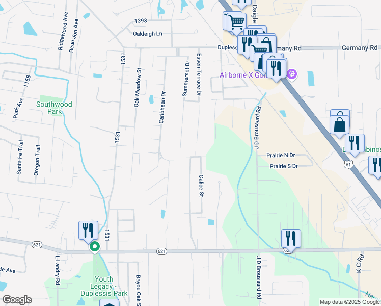 map of restaurants, bars, coffee shops, grocery stores, and more near 14245 Calice Street in Gonzales
