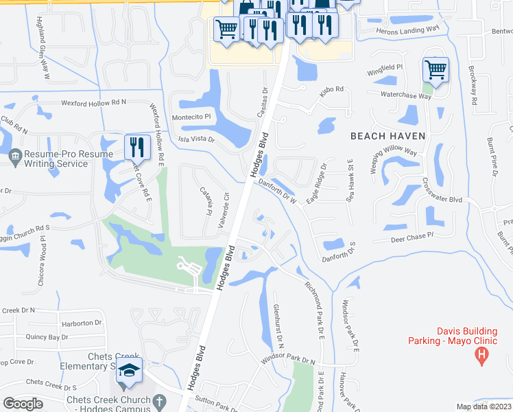 map of restaurants, bars, coffee shops, grocery stores, and more near 13700 Richmond Park Drive North in Jacksonville