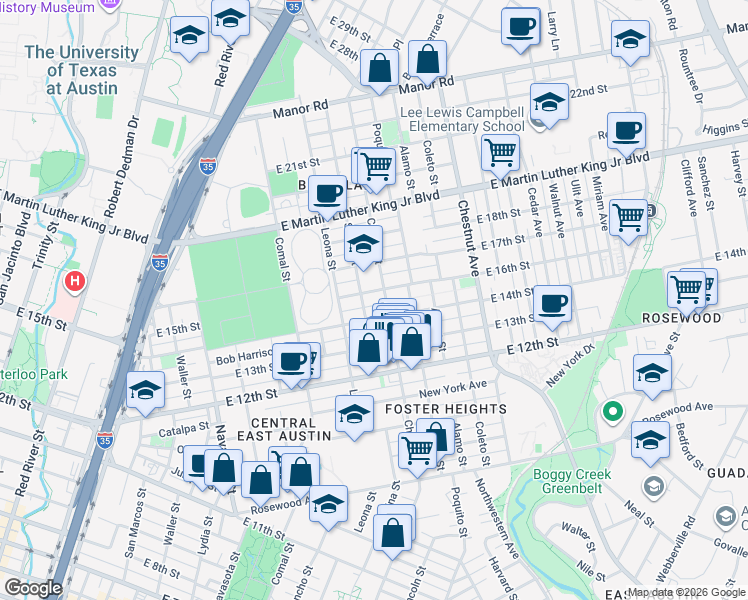 map of restaurants, bars, coffee shops, grocery stores, and more near 1808 Chicon Street in Austin