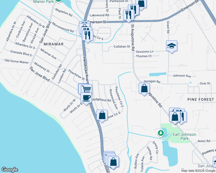 map of restaurants, bars, coffee shops, grocery stores, and more near 4228 Birchwood Avenue in Jacksonville