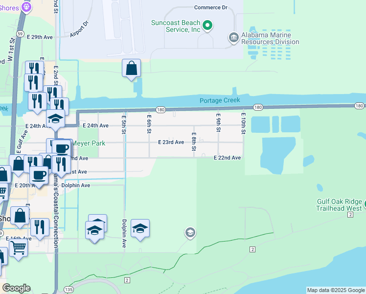 map of restaurants, bars, coffee shops, grocery stores, and more near 825 East 23rd Avenue in Gulf Shores