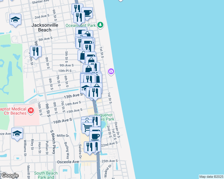 map of restaurants, bars, coffee shops, grocery stores, and more near 1312 Ocean Front South in Jacksonville Beach