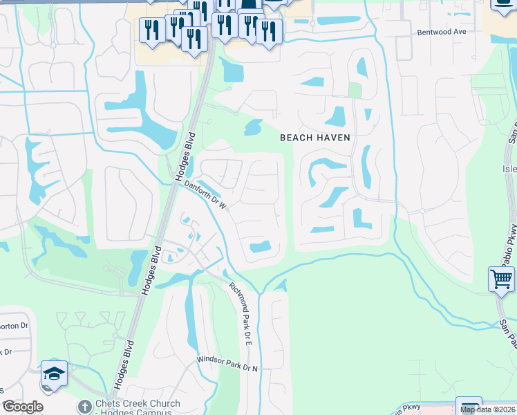 map of restaurants, bars, coffee shops, grocery stores, and more near 13773 Sandy Creek Drive in Jacksonville