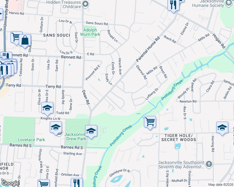 map of restaurants, bars, coffee shops, grocery stores, and more near 2729 Annette Circle in Jacksonville