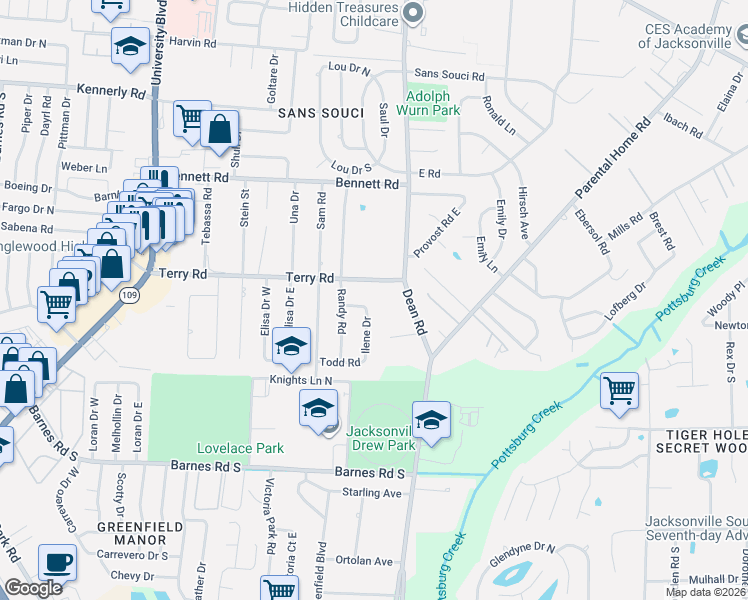 map of restaurants, bars, coffee shops, grocery stores, and more near 6516 Ned Drive in Jacksonville