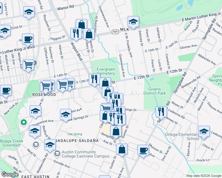 map of restaurants, bars, coffee shops, grocery stores, and more near 1185 Ridge Drive in Austin