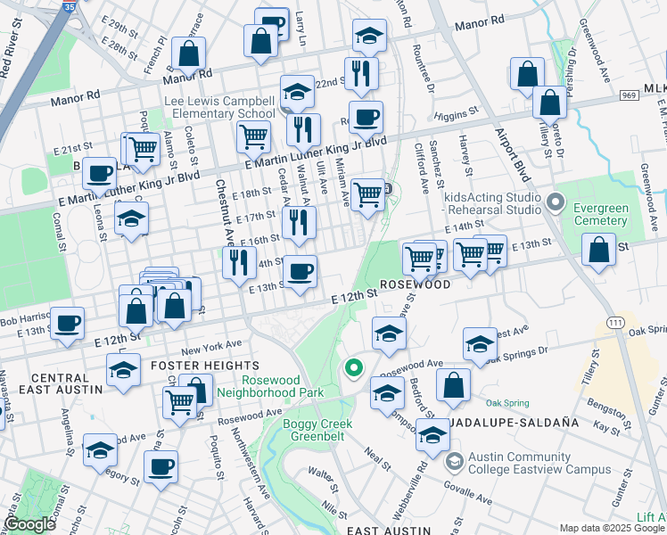 map of restaurants, bars, coffee shops, grocery stores, and more near 2709 East 13th Street in Austin