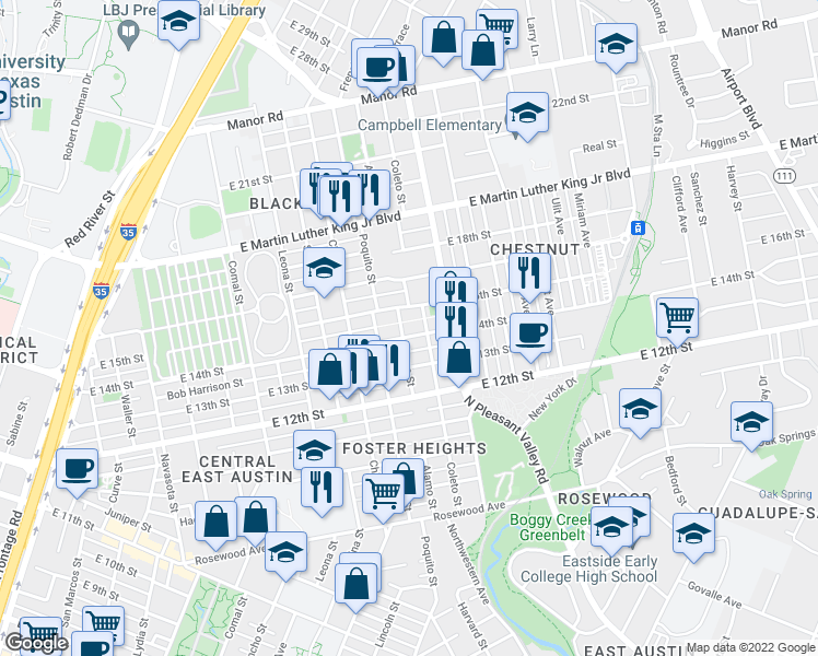 map of restaurants, bars, coffee shops, grocery stores, and more near 2109 East 14th Street in Austin