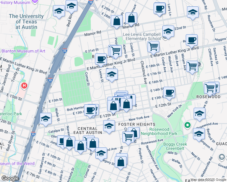 map of restaurants, bars, coffee shops, grocery stores, and more near 1808 Chicon Street in Austin