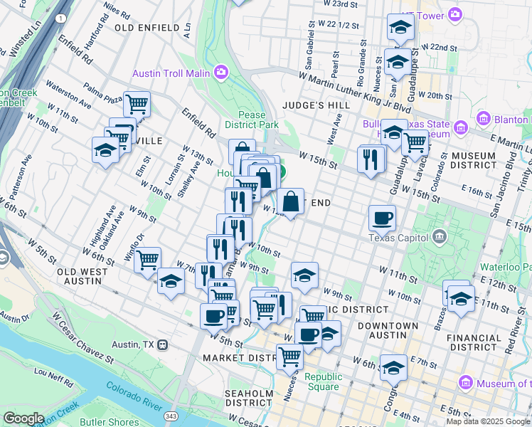 map of restaurants, bars, coffee shops, grocery stores, and more near 3 Shoal Creek Boulevard in Austin