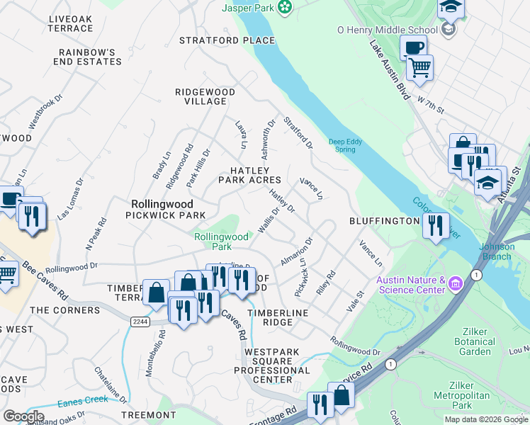 map of restaurants, bars, coffee shops, grocery stores, and more near 404 Wallis Drive in Austin