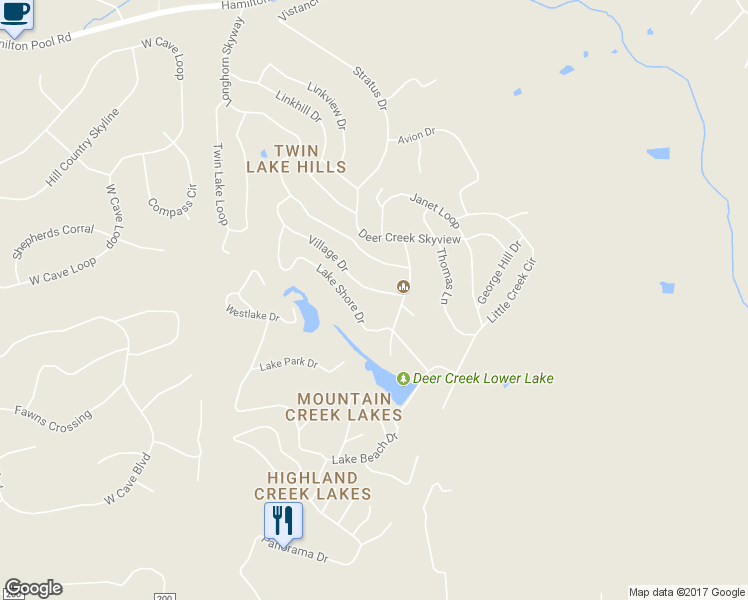 map of restaurants, bars, coffee shops, grocery stores, and more near 17505 Village Drive in Dripping Springs
