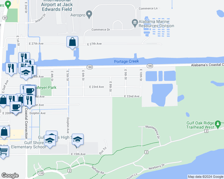 map of restaurants, bars, coffee shops, grocery stores, and more near 901 East 23rd Avenue in Gulf Shores